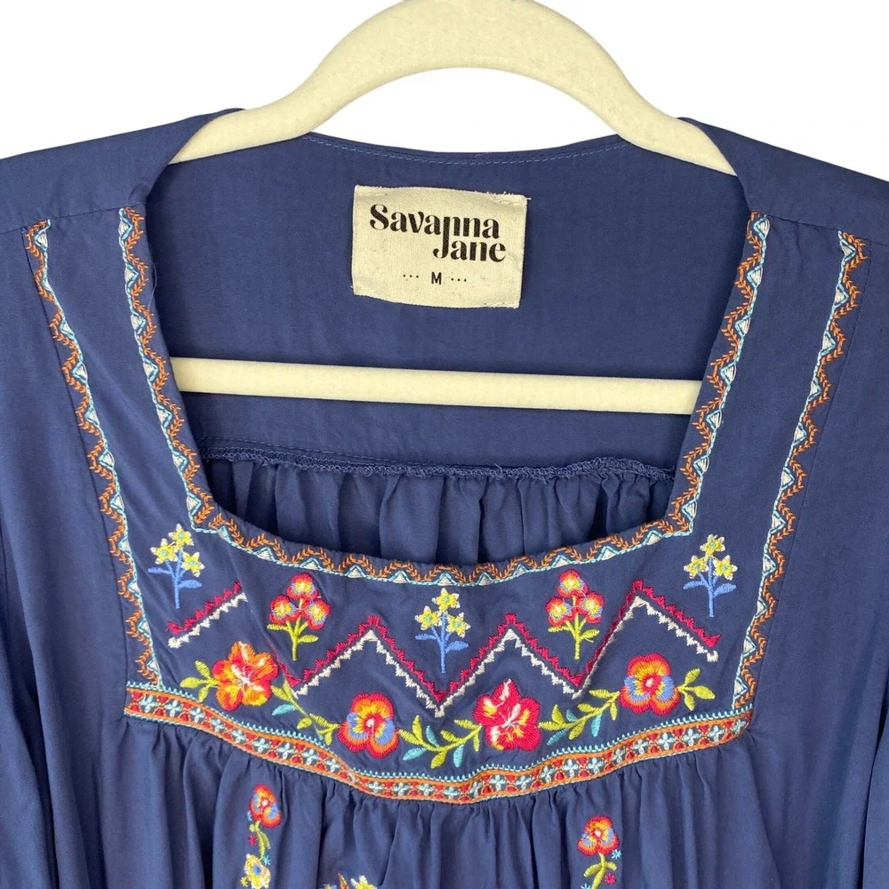 Savanna Jane Blue Floral Embroidered Boho Peasant Blouse Puff Sleeve Medium - Picture 4 of 12